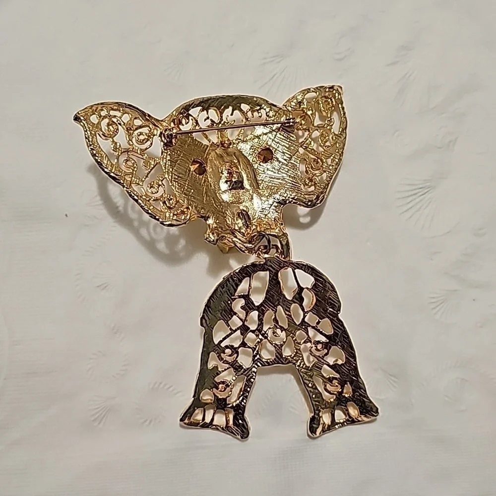 Vintage Elephant articulated Haute Couture Brooch Rhinestones Gold Large Dangle